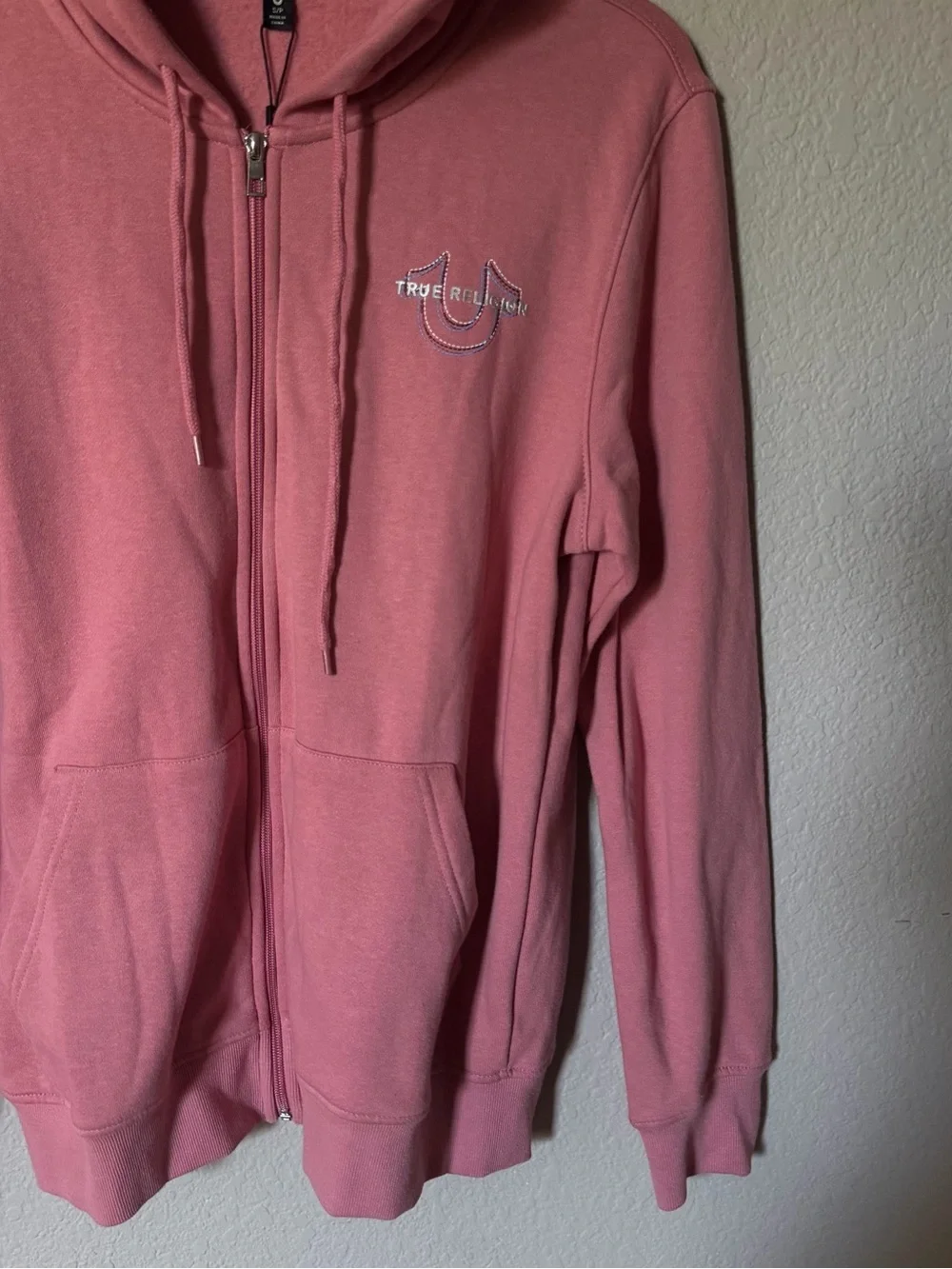 TRUE RELIGION Mens Small Zip Up Hoodie Pink Brandied Apricot Pockets NWT $118